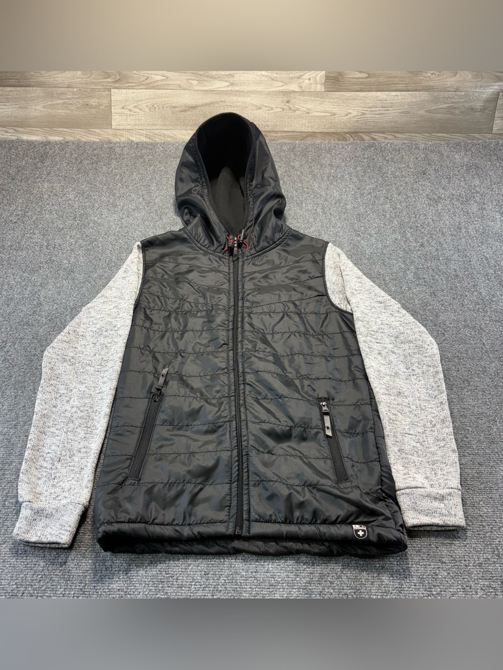 Montfort Men's Hybrid Puffer Jacket Size S Black Gray Hooded Full Zip